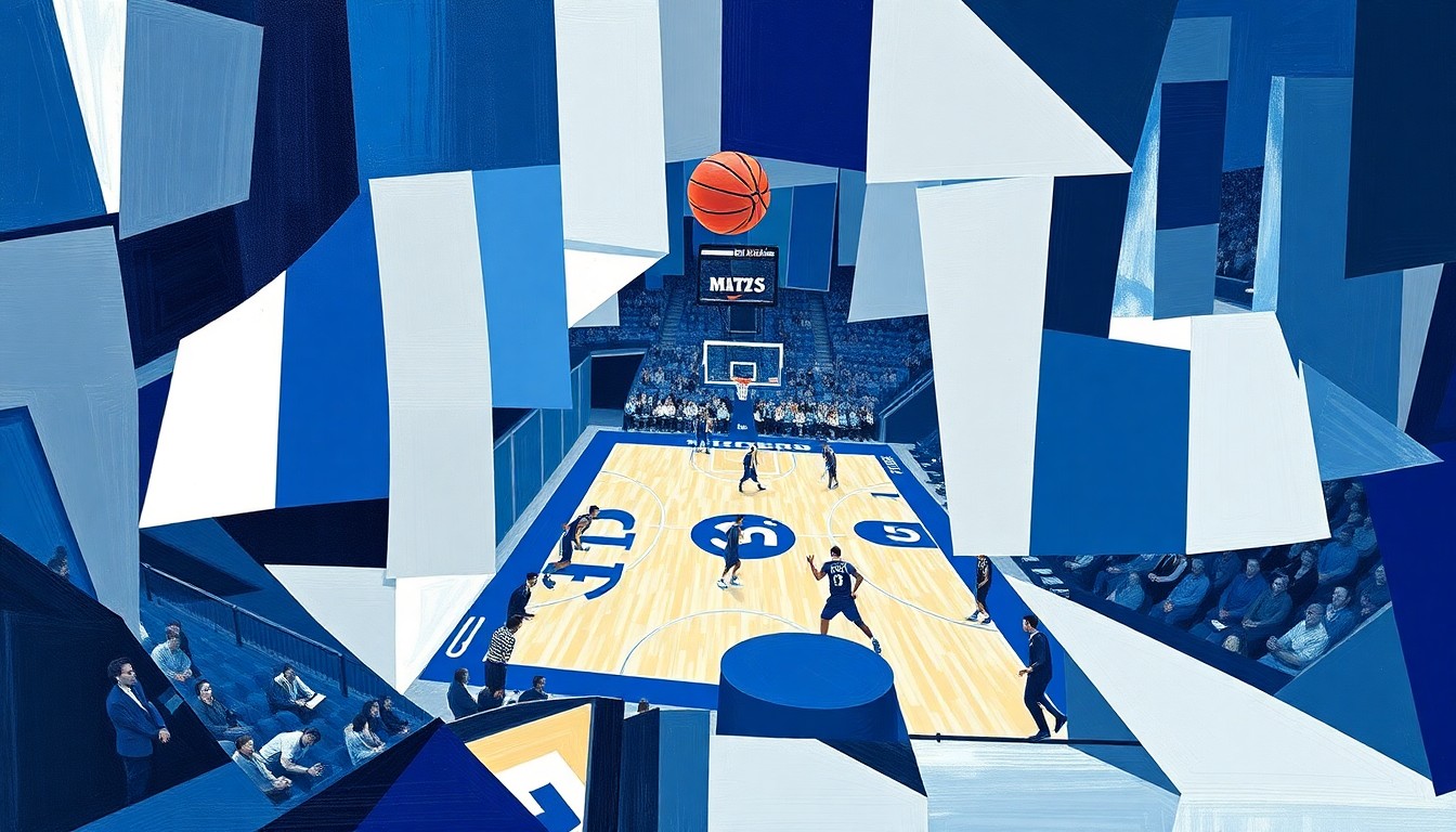 A cubist, geometric painting depicting a fragmented basketball game, with sharp planes of navy blue, gray, and light blue colors representing the Memphis Tigers' official team palette.