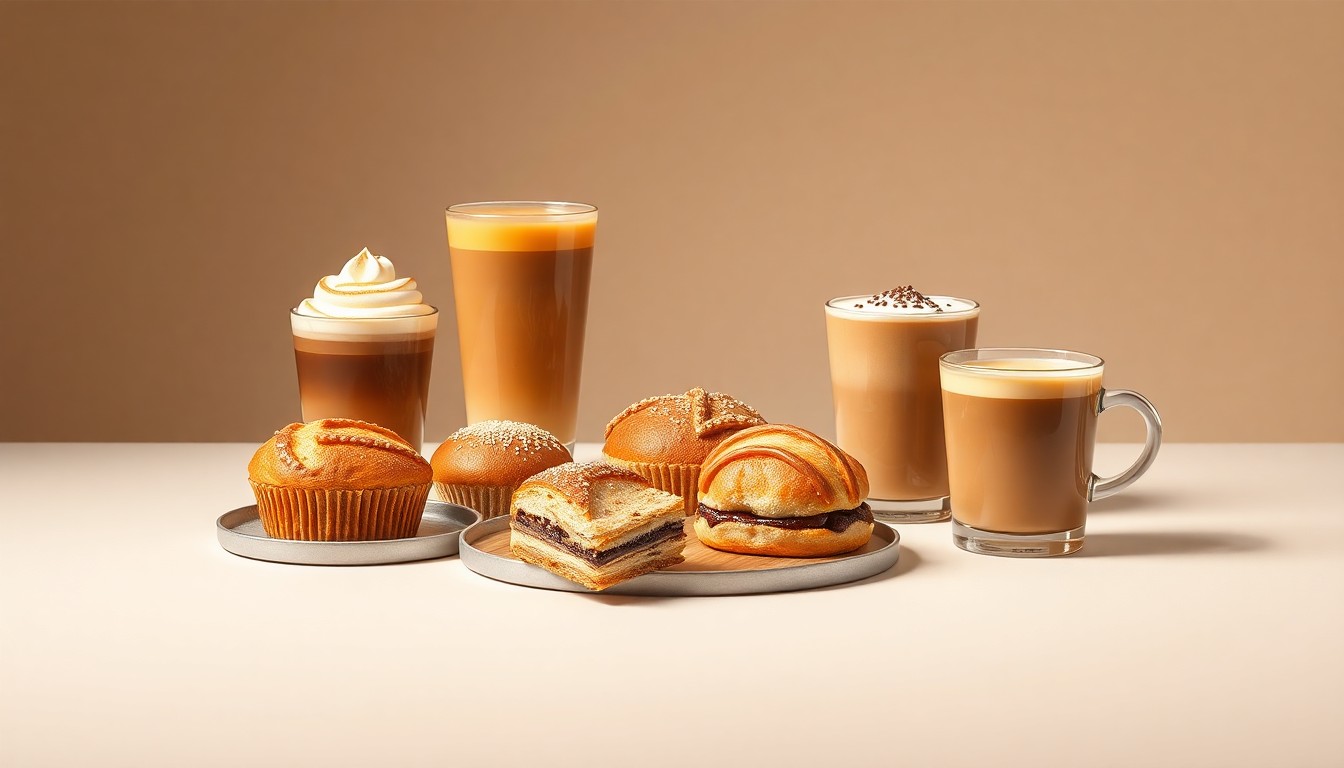 A high-end, photorealistic studio still-life photograph featuring a selection of premium pastries and coffee drinks arranged elegantly on a clean, monochromatic background, conceptually representing the refined, approachable quality of 85°C Bakery Cafe's offerings.