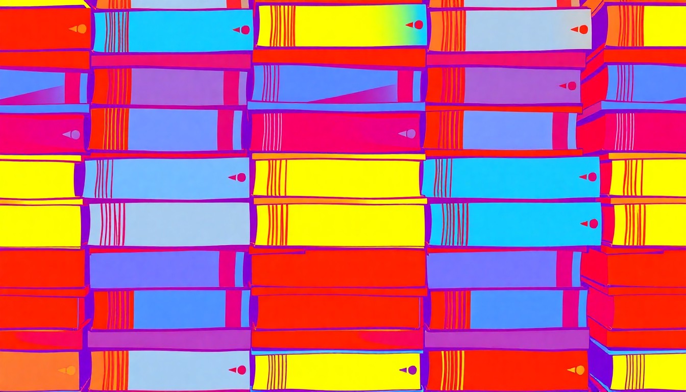 A bold, abstract silkscreen print featuring a repeating pattern of colorful, stylized book shapes, representing the creative and interdisciplinary nature of the Poorvu Award-winning faculty's work.