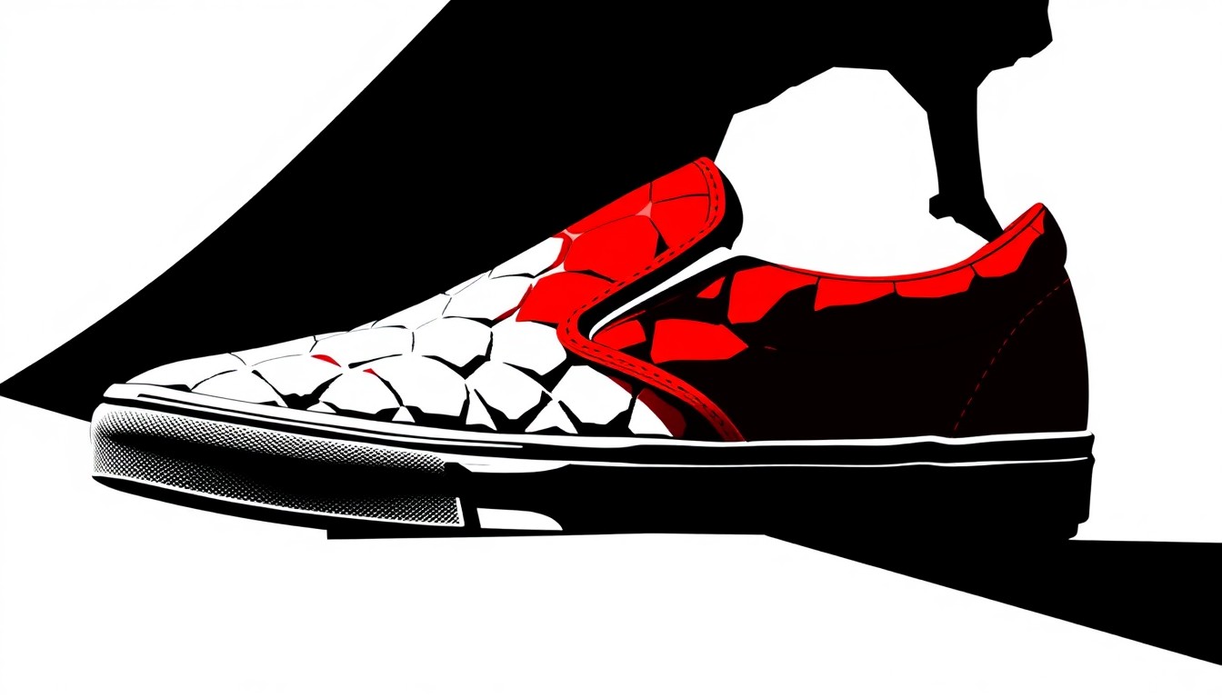 A striking, minimalist illustration featuring bold, jagged geometric shapes in contrasting red and white, abstractly representing the collision of skate culture and high fashion in the form of a quilted Vans Slip-On shoe.