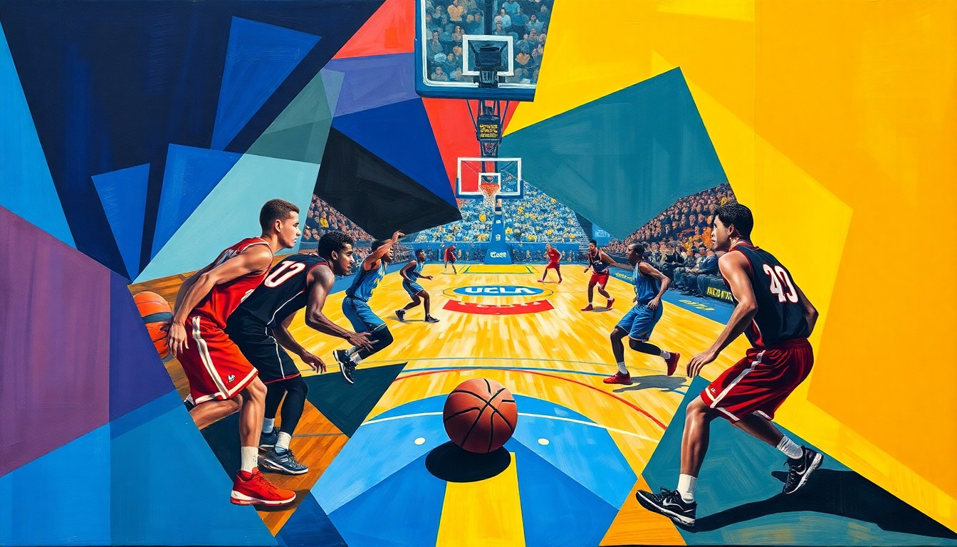 A fractured, multi-perspective painting in bold, angular shapes and vibrant colors, representing the energy and passion of a basketball game or match between two teams.