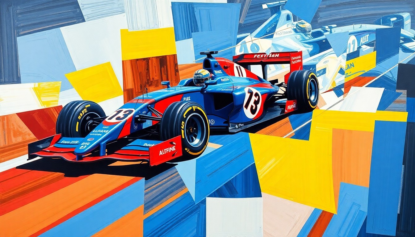 A cubist-style painting depicting an Alpine Formula 1 car in motion, broken down into sharp, overlapping geometric shapes in vibrant blue, red, and yellow colors, conveying the team's technical prowess and innovative spirit.