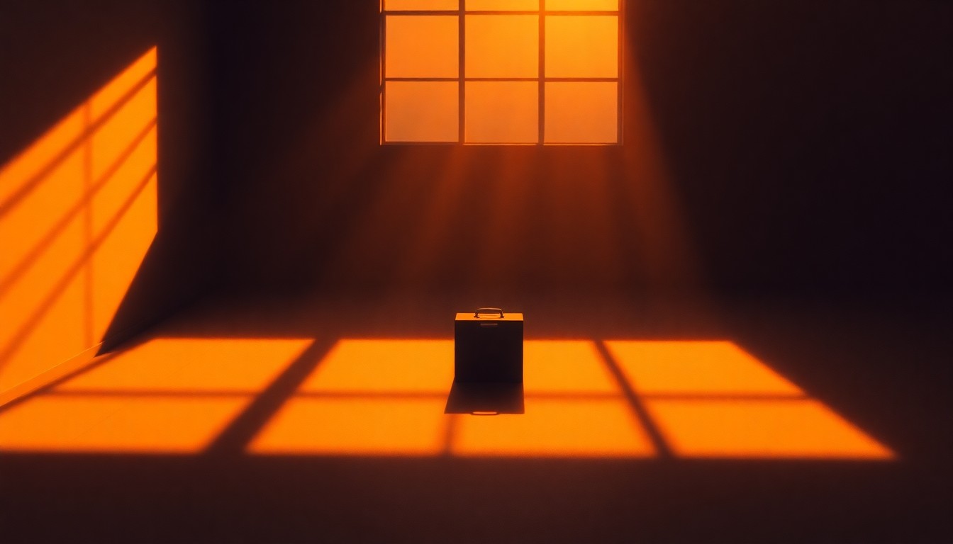 A dimly lit, cinematic painting of an empty political office or meeting room, with warm sunlight streaming in through the windows and deep shadows cast across the walls and furniture, creating a sense of solitude and contemplation.