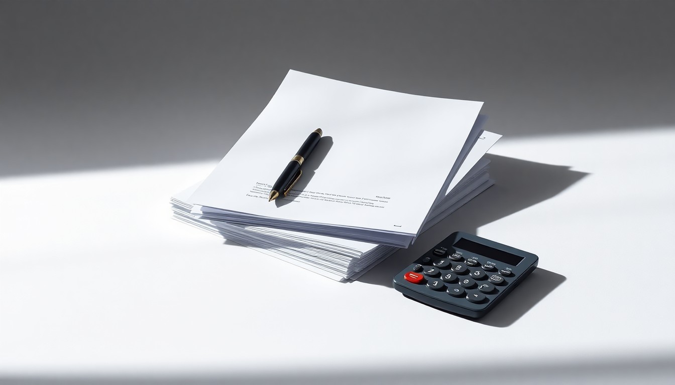 A minimalist studio still life featuring a stack of business documents, a pen, and a calculator arranged on a clean, monochromatic background, symbolizing the abstract concepts of corporate strategy, finance, and risk.