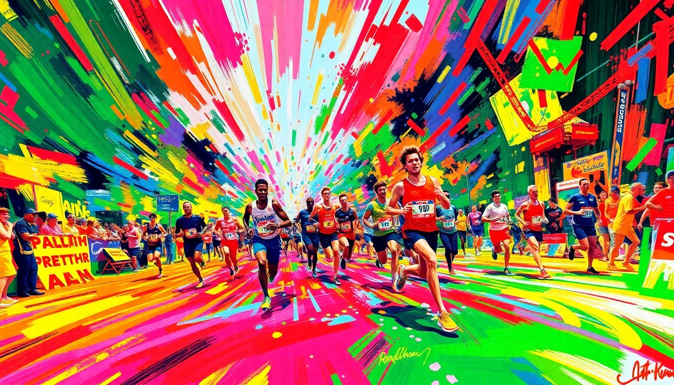 An abstract expressionist painting in neon colors, with bold brushstrokes and splashes of paint capturing the kinetic energy and celebratory atmosphere of a running event.