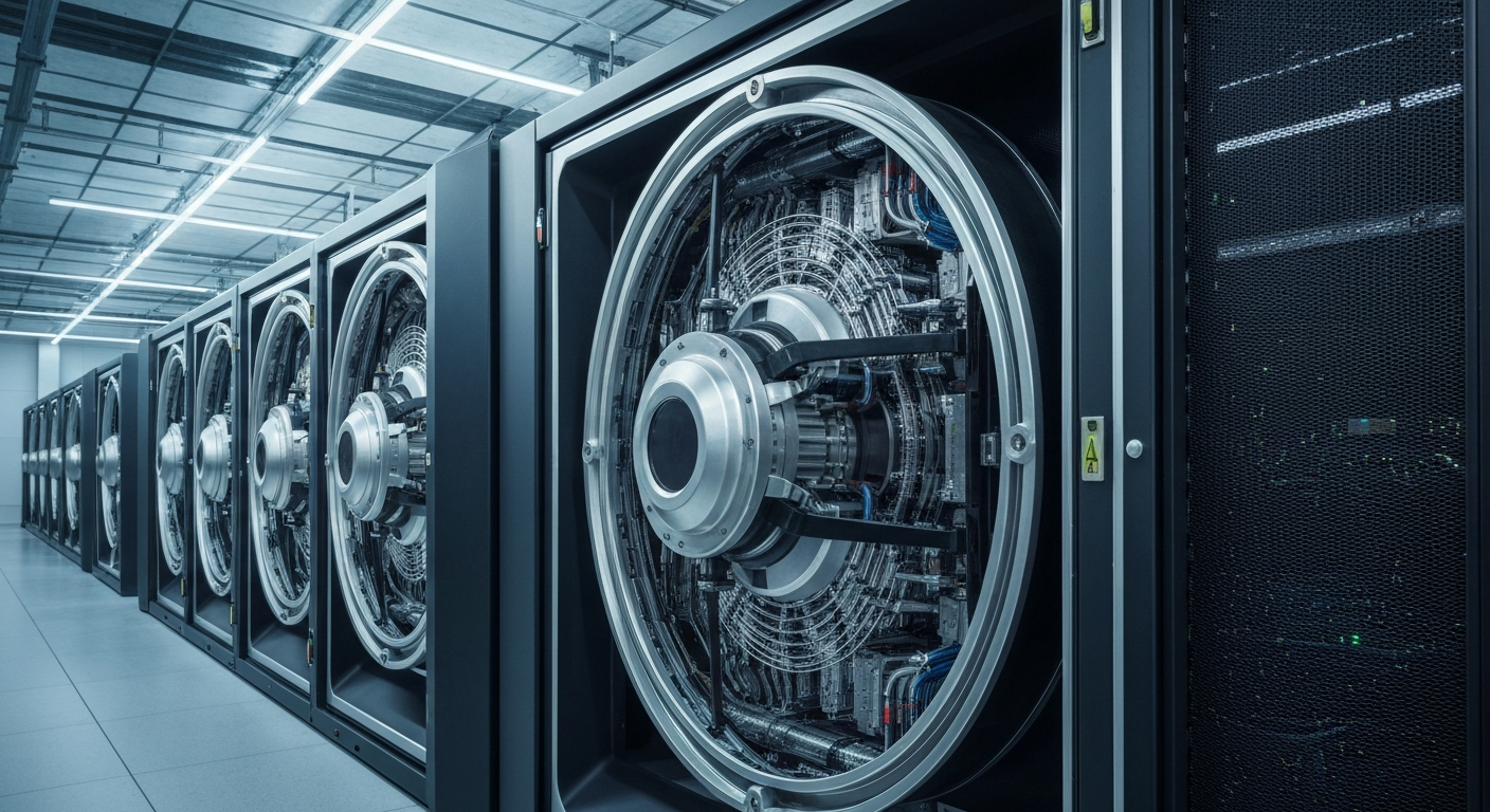 An extreme close-up of industrial-scale Bitcoin mining rigs and equipment, conveying the physical scale and complexity of the cryptocurrency mining business.