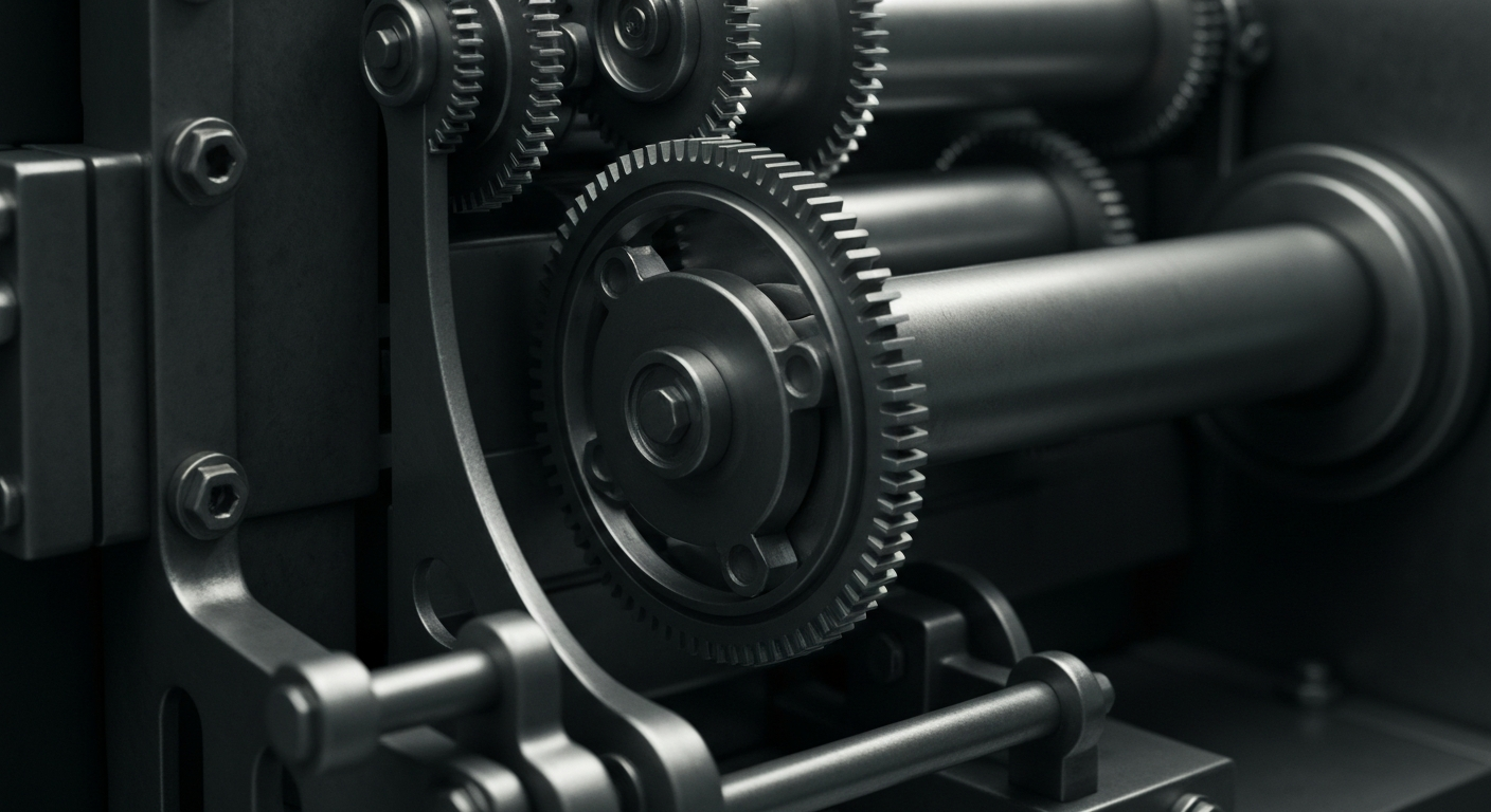 An extreme close-up of the heavy, metallic components of an industrial banking machine, conveying a sense of institutional financial power and security without using any literal currency or financial symbols.