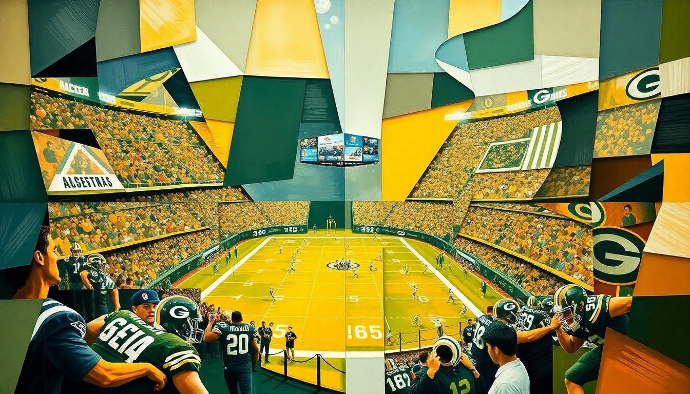 A cubist, geometric painting in shades of green, gold, and white, depicting fragmented and overlapping shapes that represent the various elements of an NFL Draft or football game, conveying the complexity and challenges the Packers face in evaluating prospects for the 2026 draft.