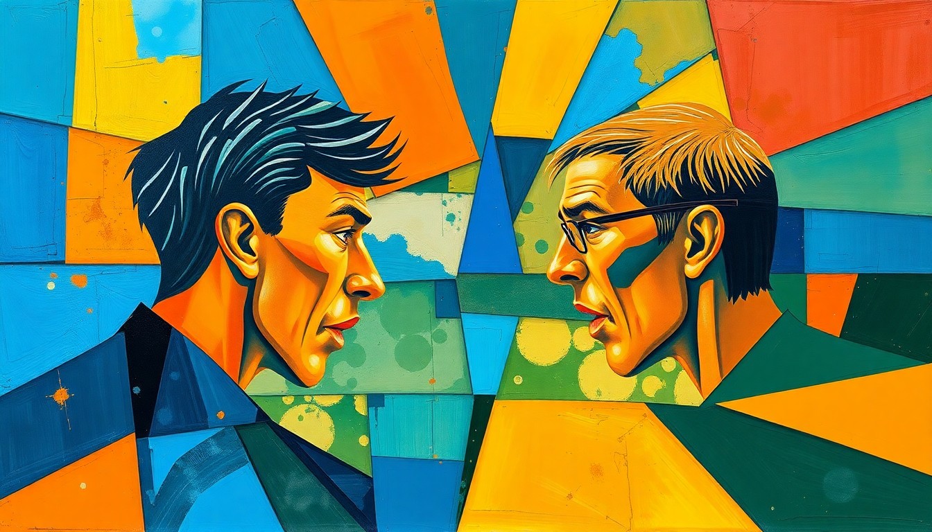 A fractured, geometric painting in vibrant colors depicting the dynamic movements and competitive energy of a tennis match between two players, without any identifiable faces or logos.