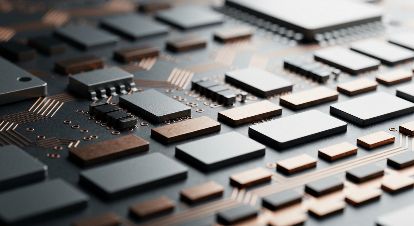 An extreme close-up of complex, interlocking metallic semiconductor components and circuitry, conveying the technical sophistication and industrial might of Marvell Technology's products.