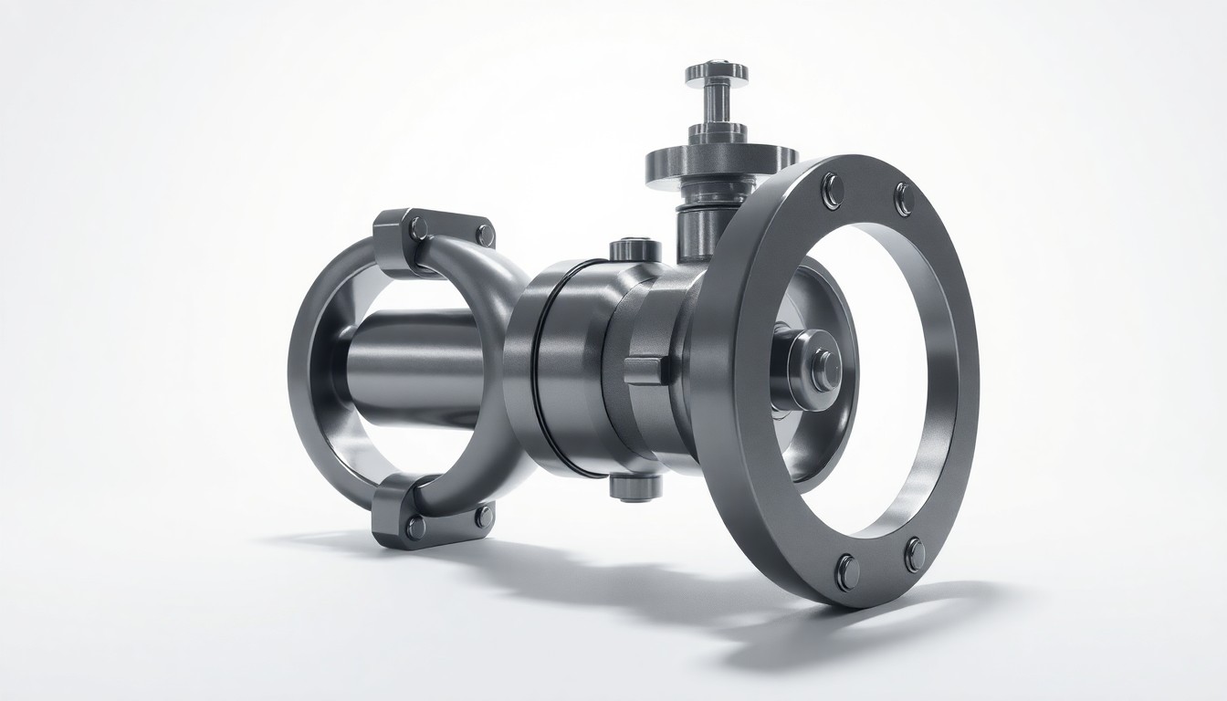 A sleek, minimalist metal sculpture in the shape of a natural gas pipeline valve, backlit to create dramatic shadows against a clean white background, symbolizing the strategic importance of U.S. LNG exports.