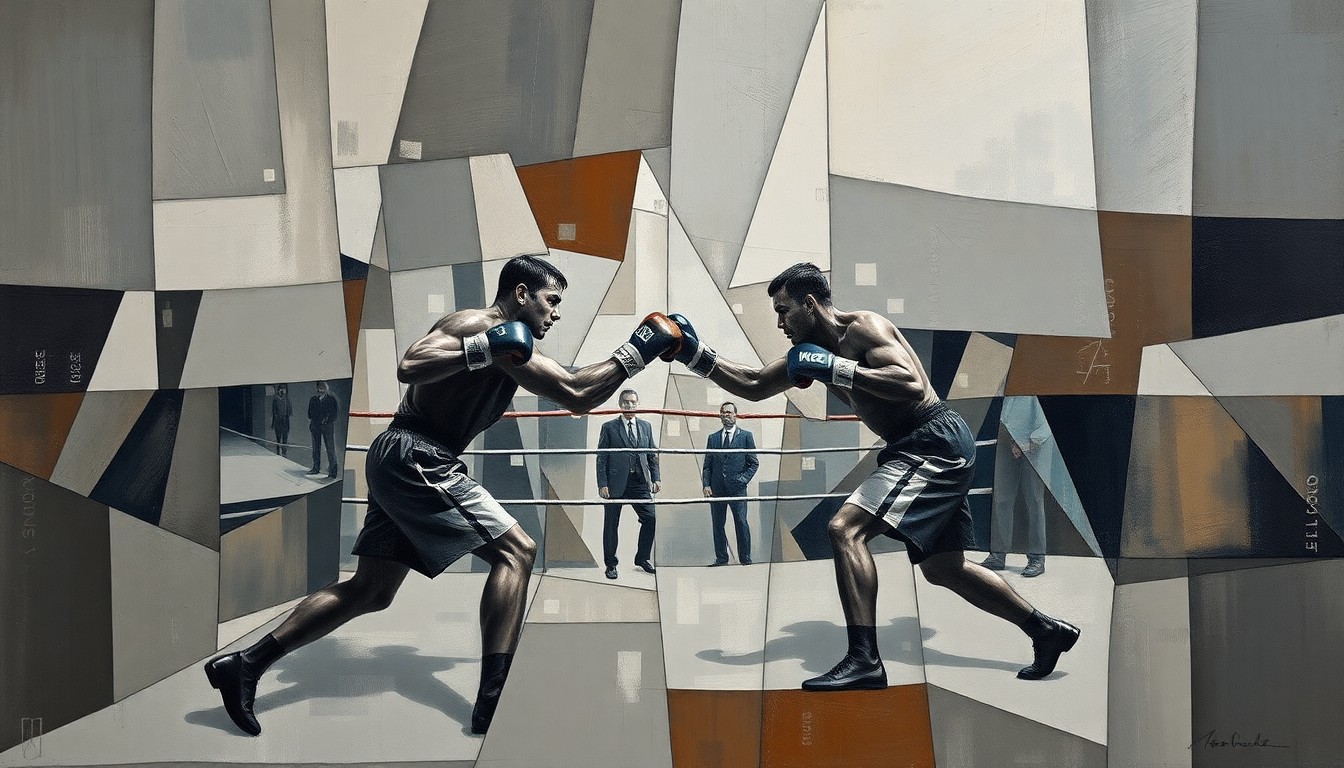 A cubist, geometric painting depicting a fragmented and deconstructed boxing match or combat sports competition, with sharp, overlapping planes in muted colors representing the complex issues surrounding misconduct allegations in the industry.