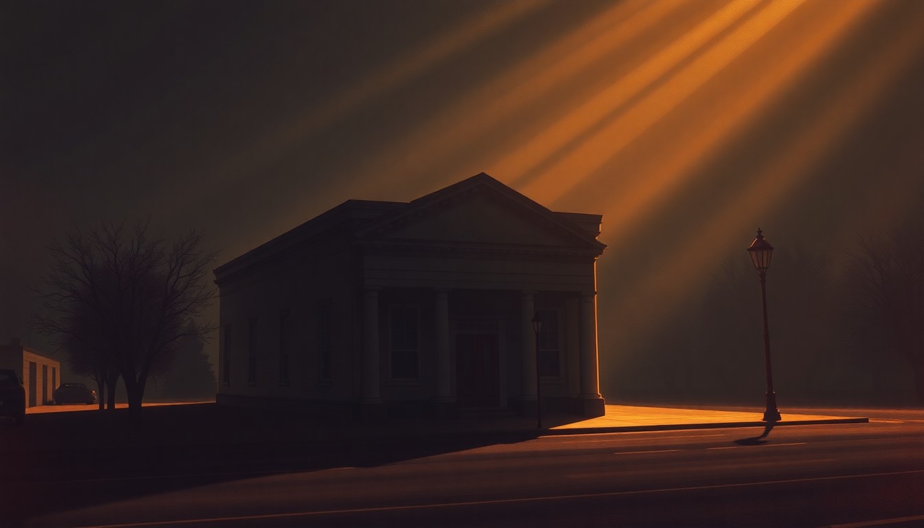 A photorealistic painting of a city hall building or municipal office in warm, golden sunlight, with deep shadows across the facade, conveying a sense of quiet contemplation and civic uncertainty.