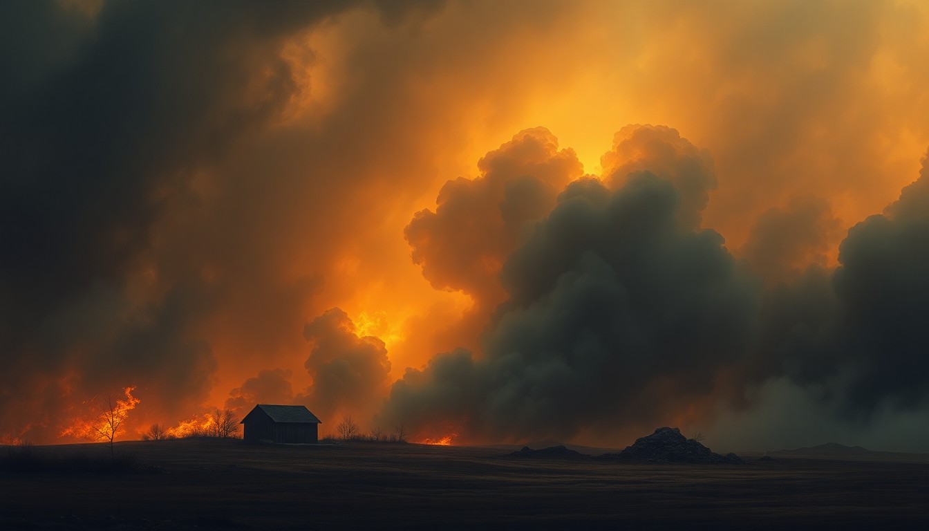 A sweeping, atmospheric landscape painting depicting a small garage structure engulfed in flames, dwarfed by the overwhelming scale and power of the natural world around it.