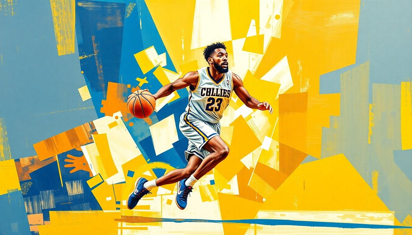 A cubist, geometric painting depicting a college basketball player in motion, with sharp, overlapping planes of gold, blue, and white colors representing the team's official colors.