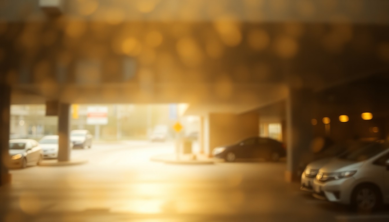 An impressionistic, out-of-focus photograph depicting the entrance to a downtown parking garage, with a few cars visible in the distance through a hazy, golden-toned wash of light and color, creating a sense of atmospheric tranquility.