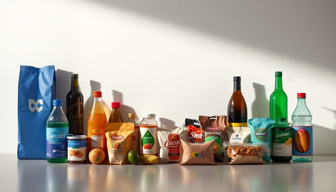 A high-end studio still life photograph featuring a selection of premium consumer goods and retail products associated with a neighborhood convenience store, arranged elegantly on a clean, monochromatic background using dramatic studio lighting and deep shadows to convey a sense of quality, value, and community connection.