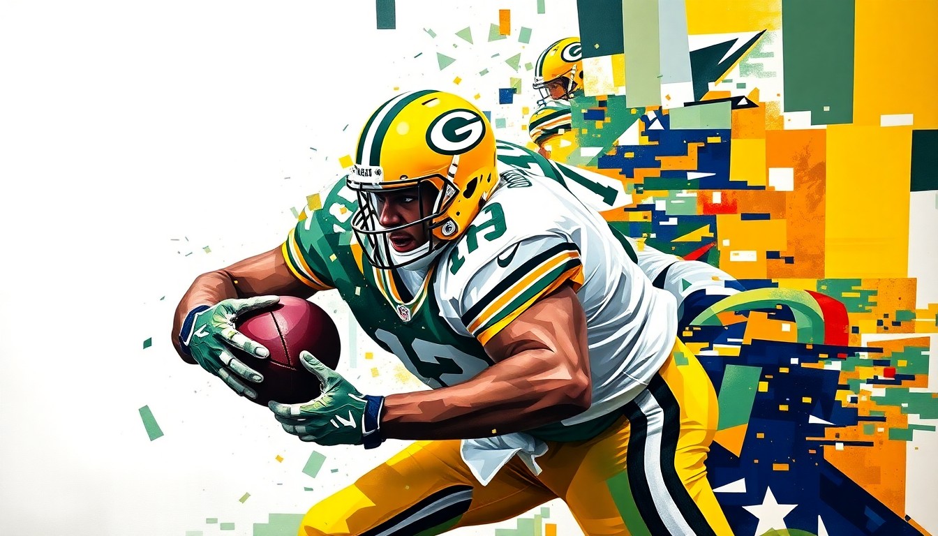 A fractured, cubist-style painting depicting a football player in the midst of a pass rush, their body broken down into sharp, overlapping geometric shapes in shades of green, gold, and navy blue.