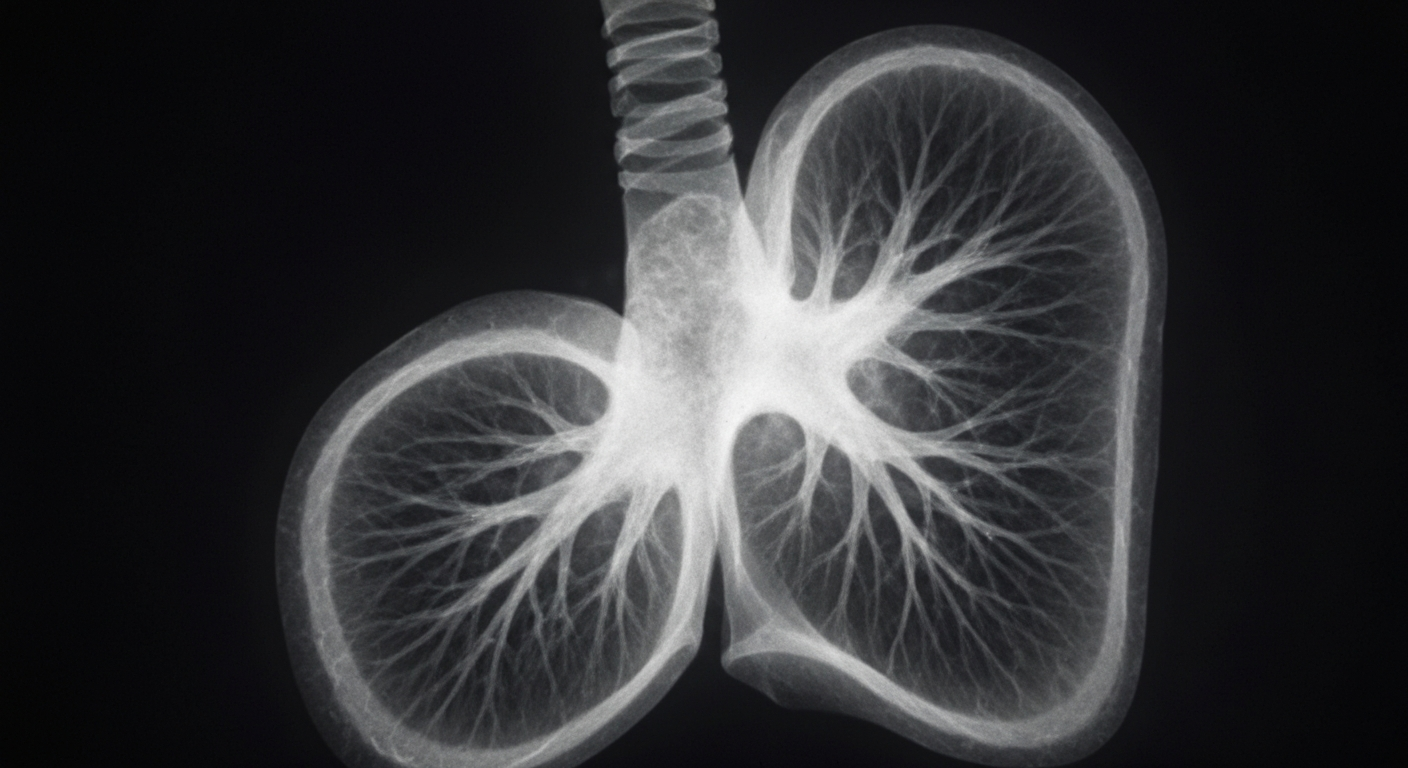 A ghostly, translucent X-ray image showing the intricate internal structures of a lung tumor, conceptually illustrating the cancer's ability to adapt and change over time.