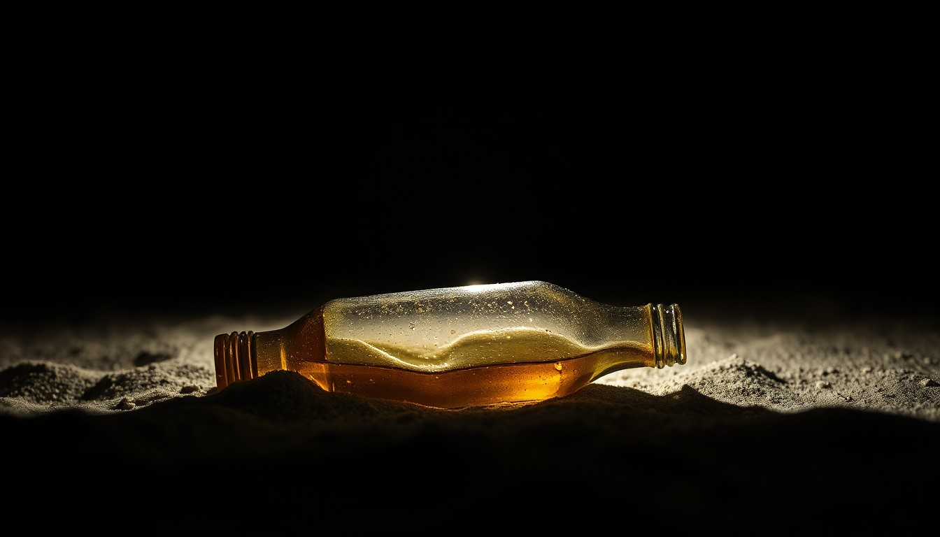 An extreme close-up photograph of a broken beer bottle on the sand, the shards reflecting a harsh, direct camera flash in the darkness, conceptually illustrating the vandalism and disorder left behind by spring break crowds.