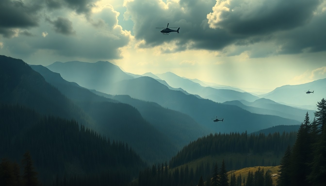 A sweeping, atmospheric landscape painting in muted tones of green, blue, and gray, depicting the vast, majestic scale of the Deschutes National Forest. In the distance, tiny specks of helicopters hover above the treetops, representing the aerial firefighters training to protect this wilderness.