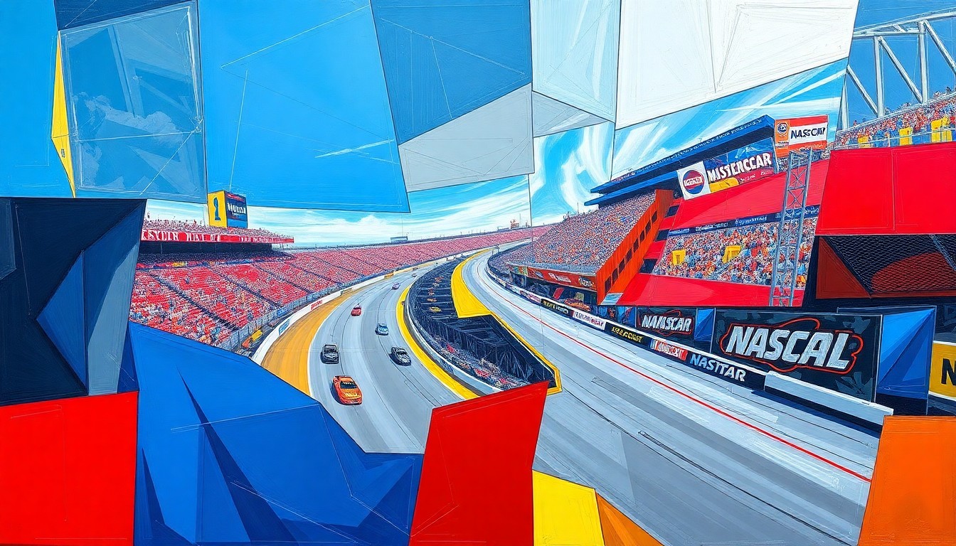 A fractured, geometric painting in bold primary colors depicting the overlapping, high-speed movements of race cars on the Bristol Motor Speedway track.