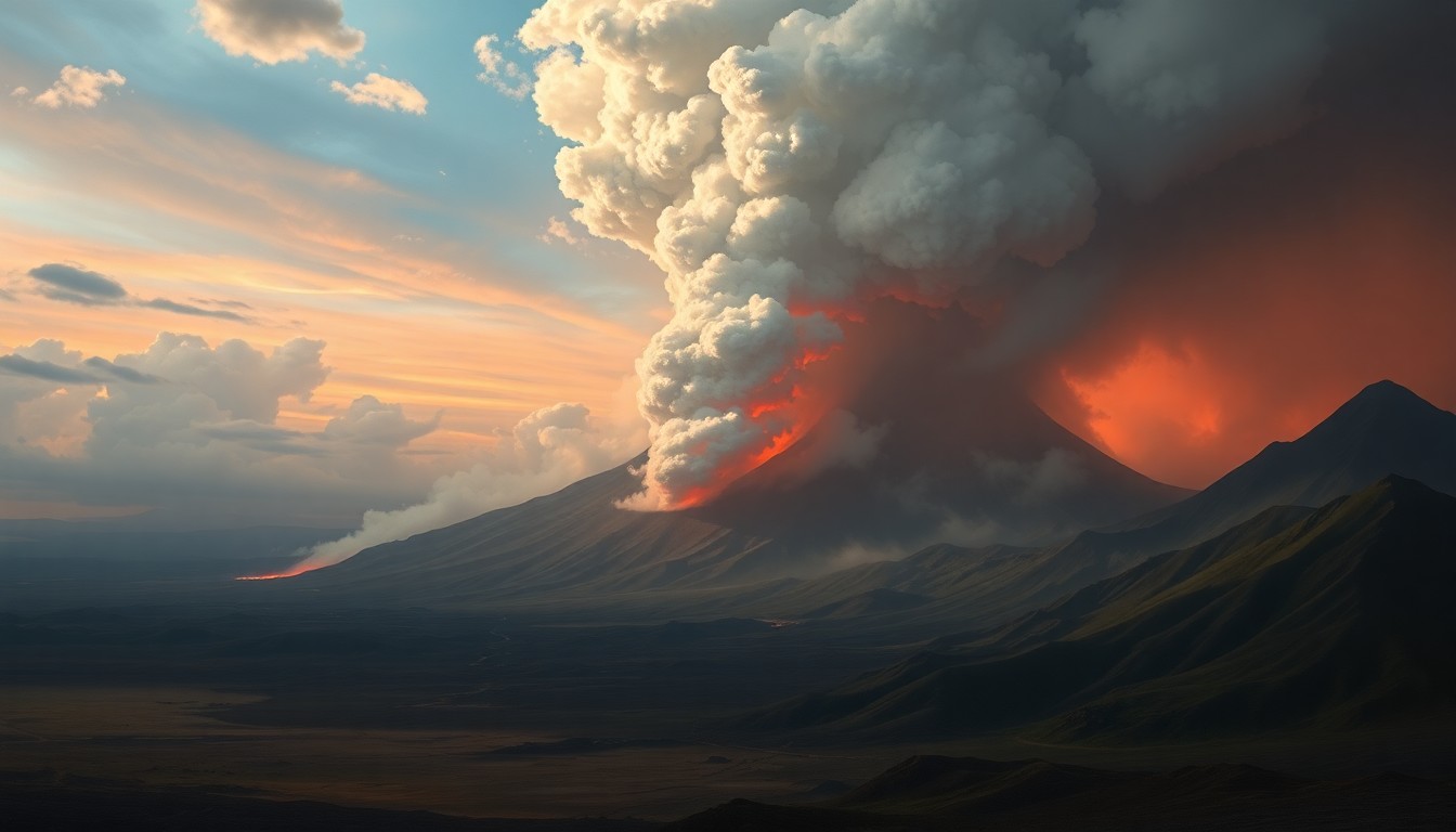 A vast, atmospheric landscape painting depicting Kīlauea volcano erupting, with its massive plume of ash and gas dominating the scene and dwarfing any physical structures or features in the foreground.