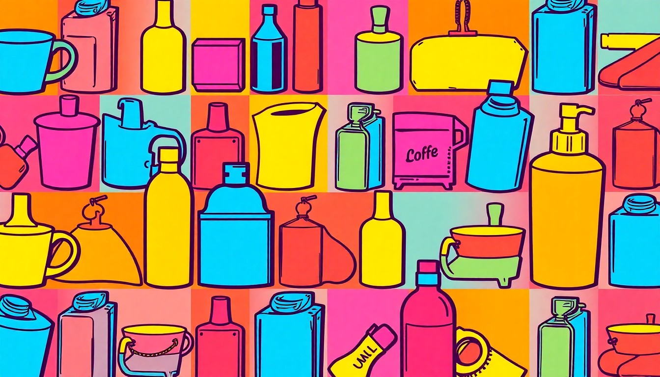 A brightly colored, high-contrast silkscreen print of a single, iconic lifestyle object such as a coffee cup or cosmetic item repeated in a tight grid pattern, capturing the diverse and joyful nature of the Cup of Jo weekend edition.