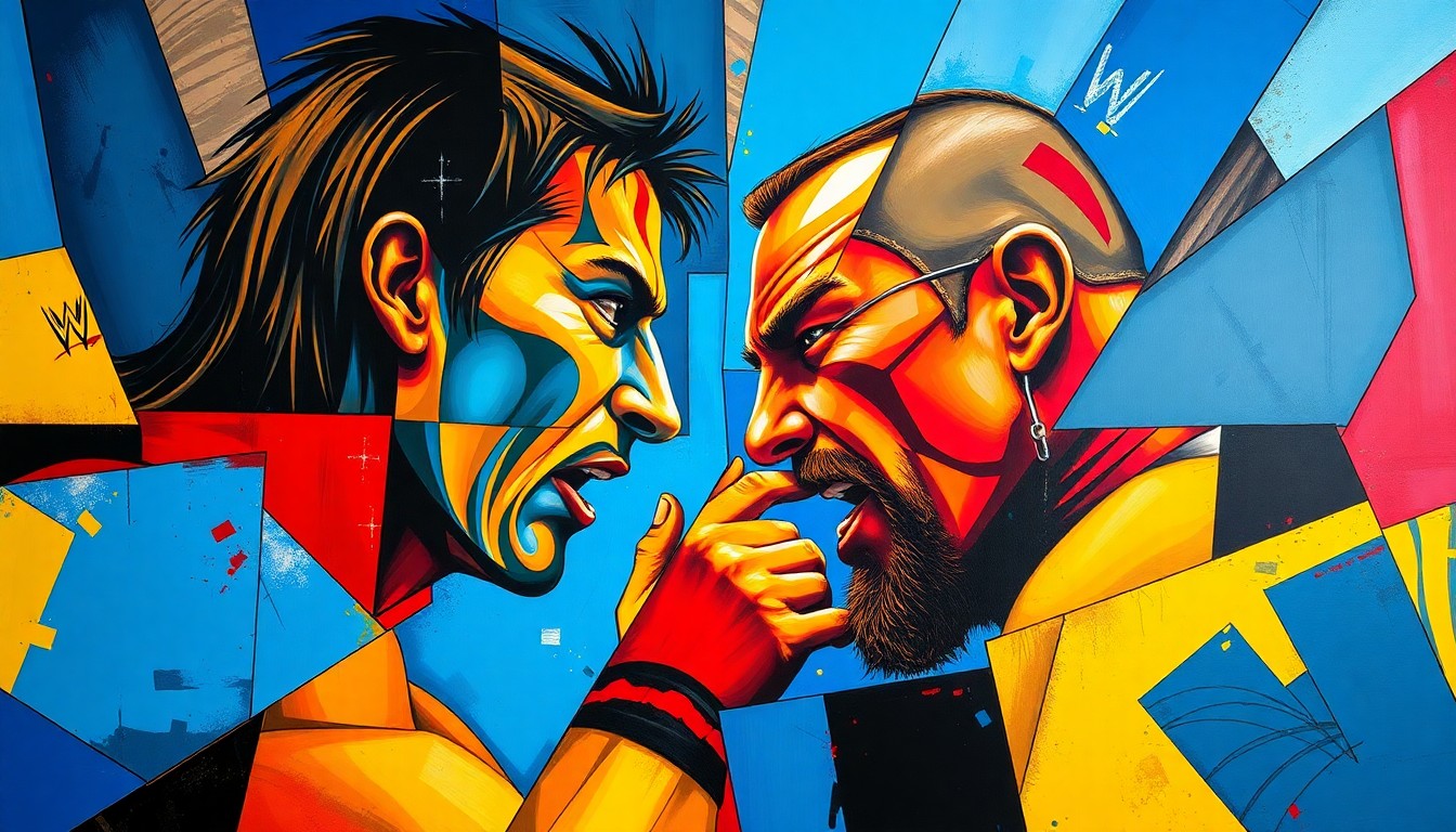 A cubist, geometric painting depicting the confrontation between two wrestlers, with sharp, overlapping planes of color and form representing the intensity and complexity of their rivalry.