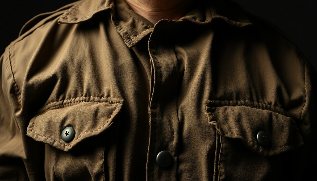 An extreme close-up photograph of a crumpled, heavily textured military uniform in muted tones, conveying the gritty, emotional weight of a Vietnam War veteran's experiences.