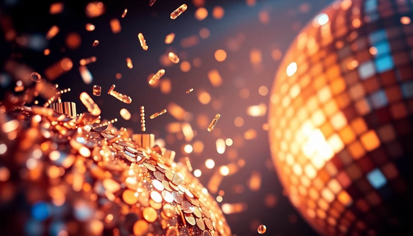 An extreme close-up photograph of shimmering sequins and glittering disco ball fragments, bathed in dramatic high-contrast studio lighting to capture the glamour and energy of a live music performance.