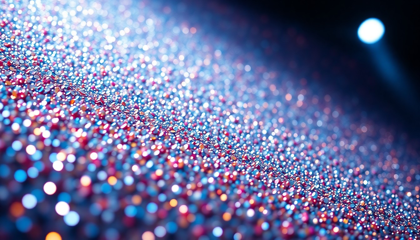 An extreme close-up of shimmering, glittering sequins under dramatic, high-contrast studio lighting, conceptually representing the vibrant energy and glamour of a live music performance.