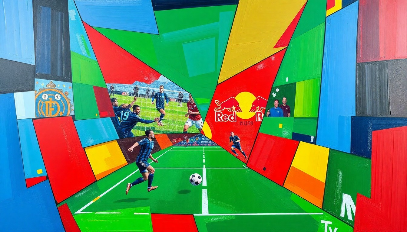 A fractured, multi-perspective painting depicting a soccer match between two teams, with the players and field broken down into sharp, overlapping geometric shapes in vibrant colors.