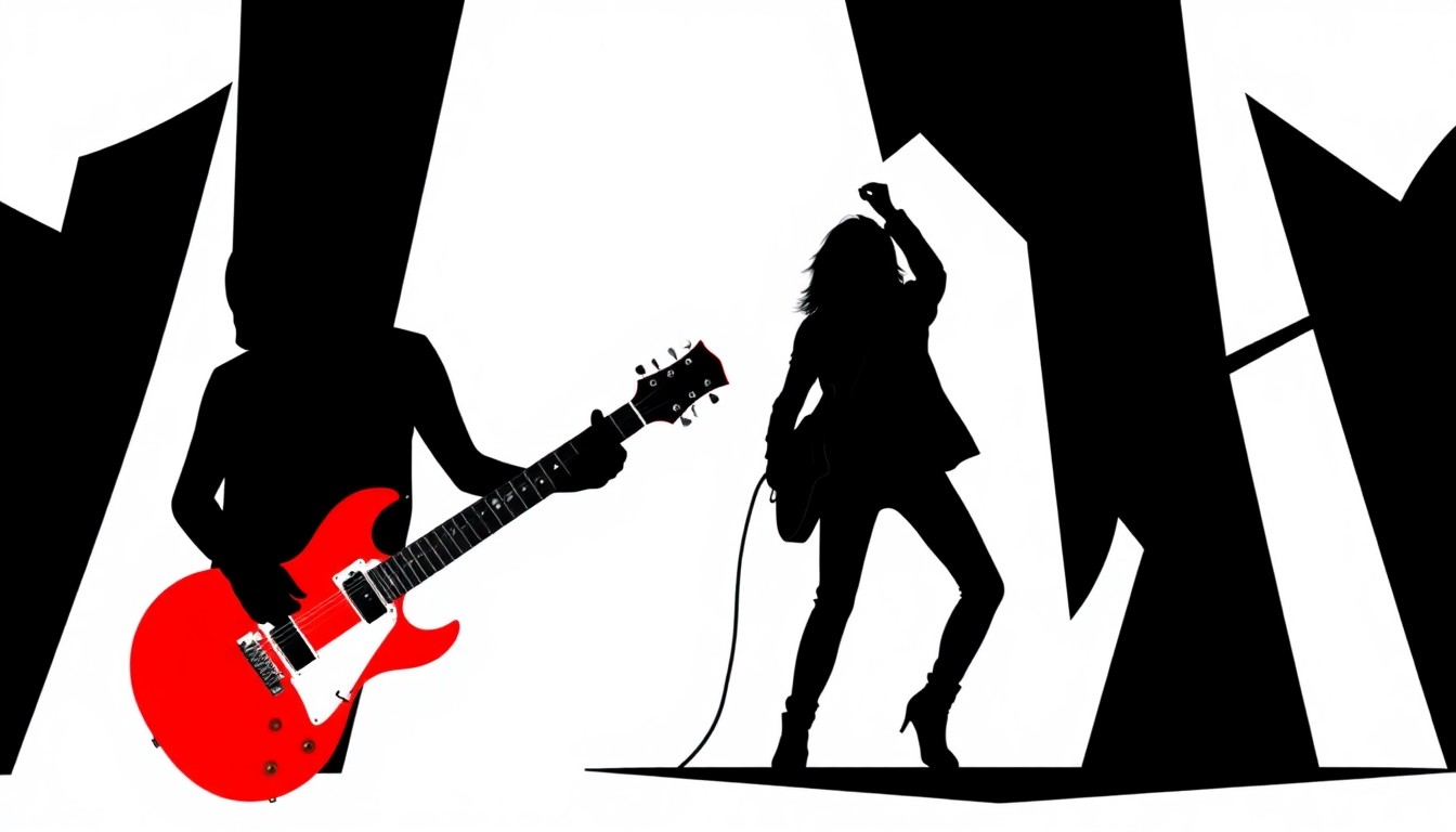 A striking, abstract composition of jagged, geometric shapes in bold red and black, capturing the intense energy and excitement of a live music performance.