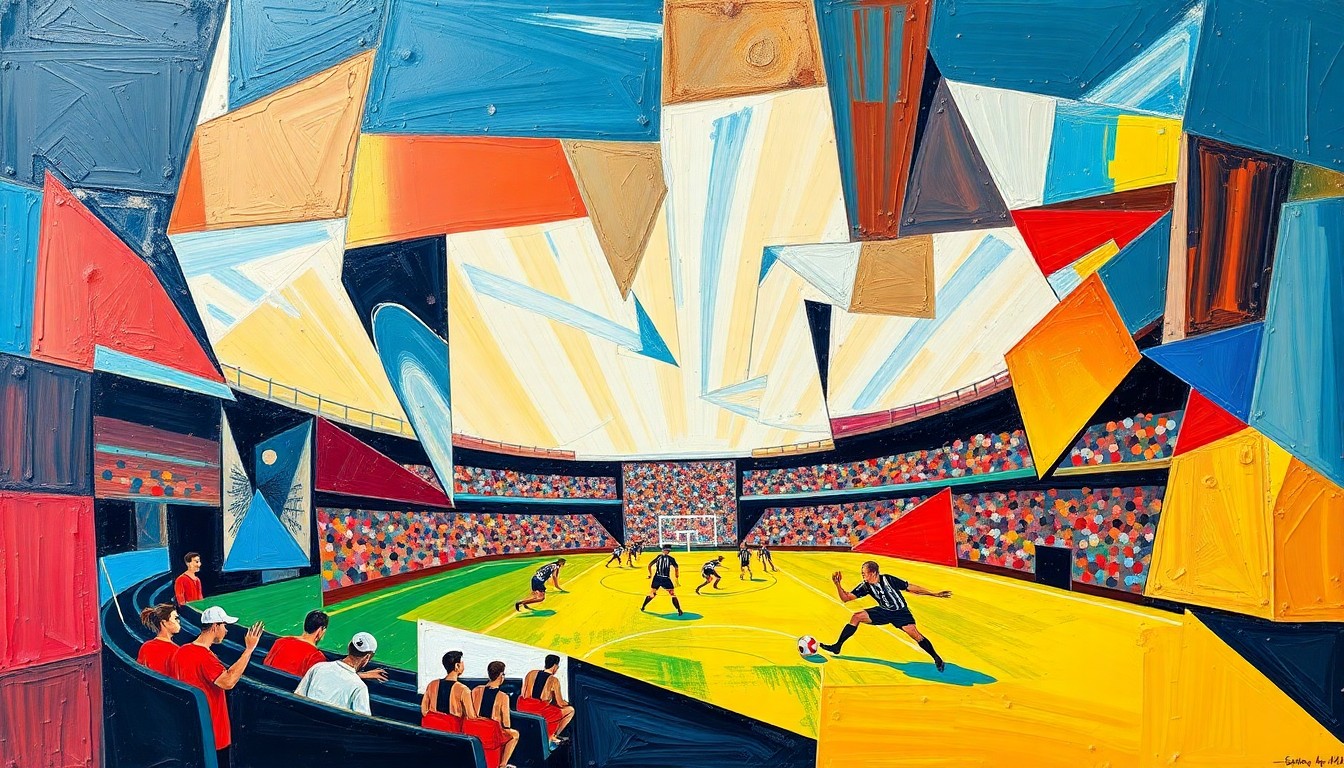 A fragmented, geometric painting in bold primary colors depicting a football game or match, with sharp, overlapping shapes and planes that convey the dynamic action and strategic depth of the sport.