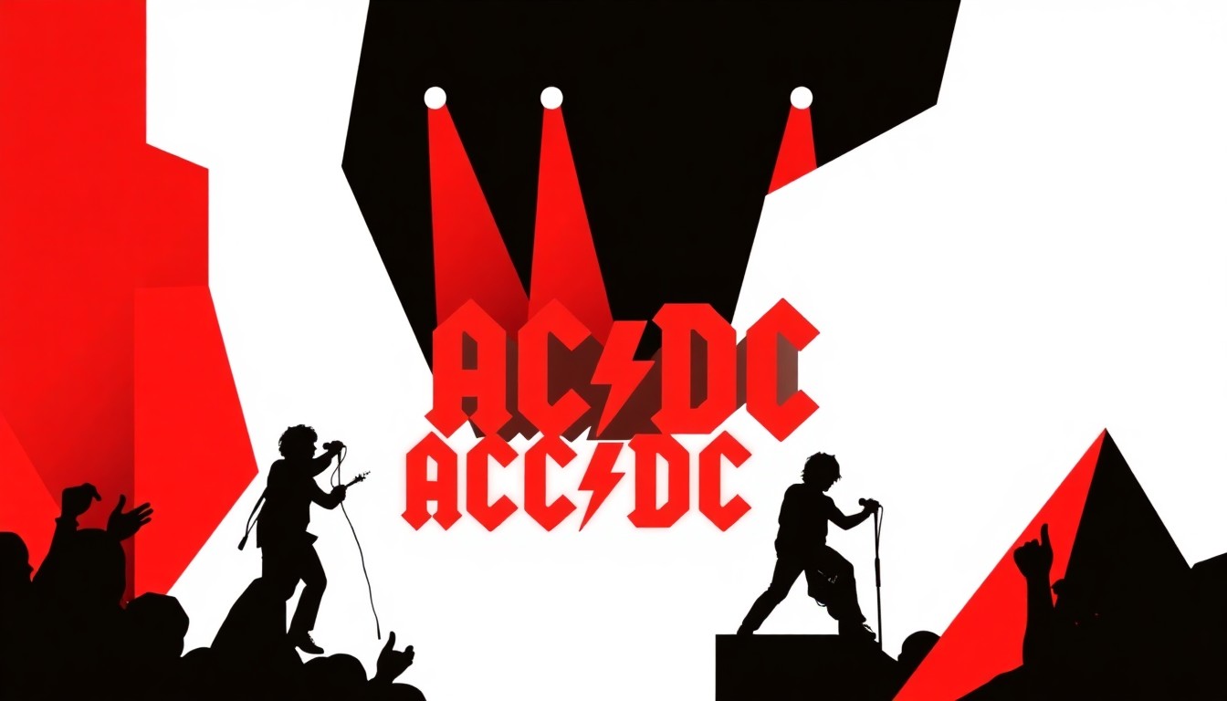 A bold, abstract illustration featuring jagged, geometric shapes in high-contrast red and black, conceptually representing the raw power and electricity of an AC/DC tribute concert.