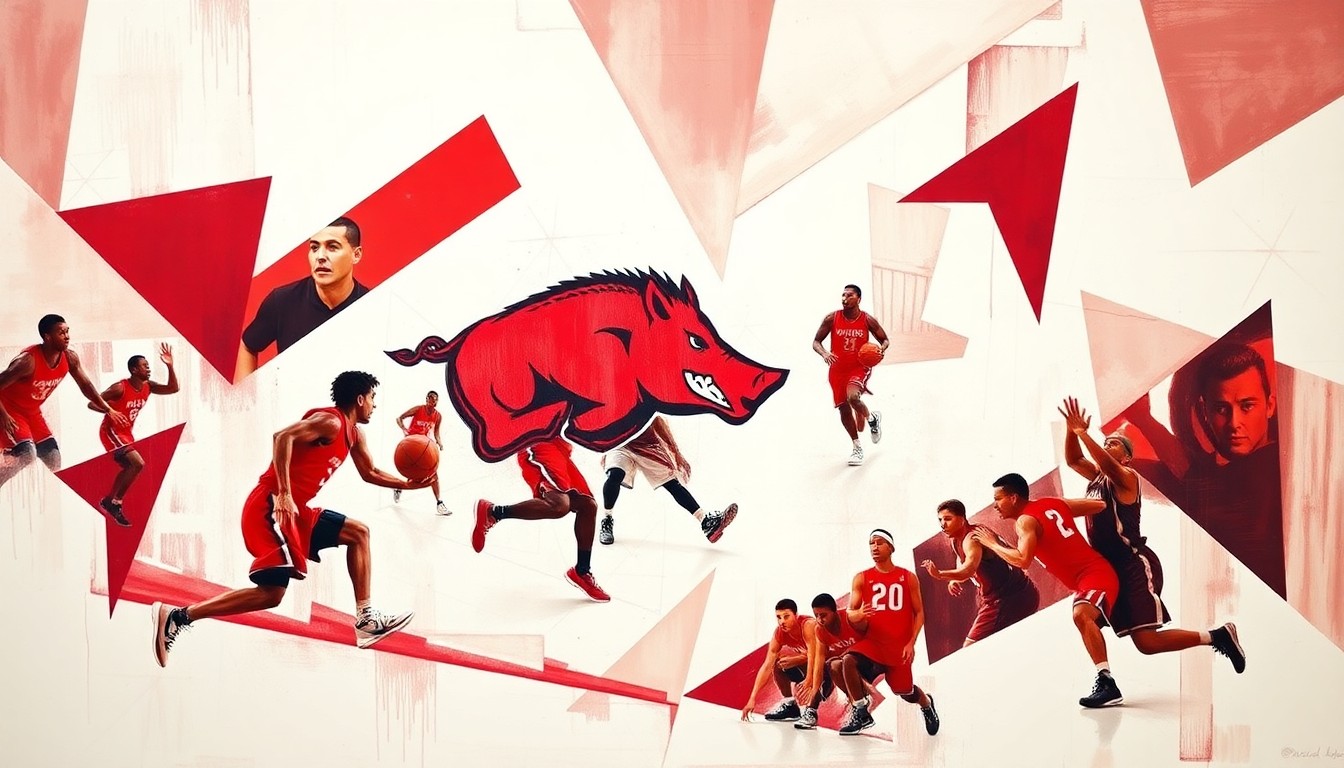 A cubist, geometric painting depicting an Arkansas basketball game, with players' bodies and movements fractured into sharp, overlapping planes of red and white shapes, capturing the fast-paced, guard-driven nature of the Razorbacks' system.