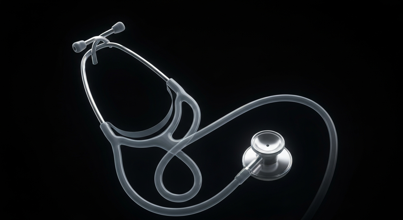 A ghostly, translucent X-ray photograph revealing the intricate internal structure of a medical stethoscope against a dark background, symbolizing the importance of healthcare access as rising costs impact millions.