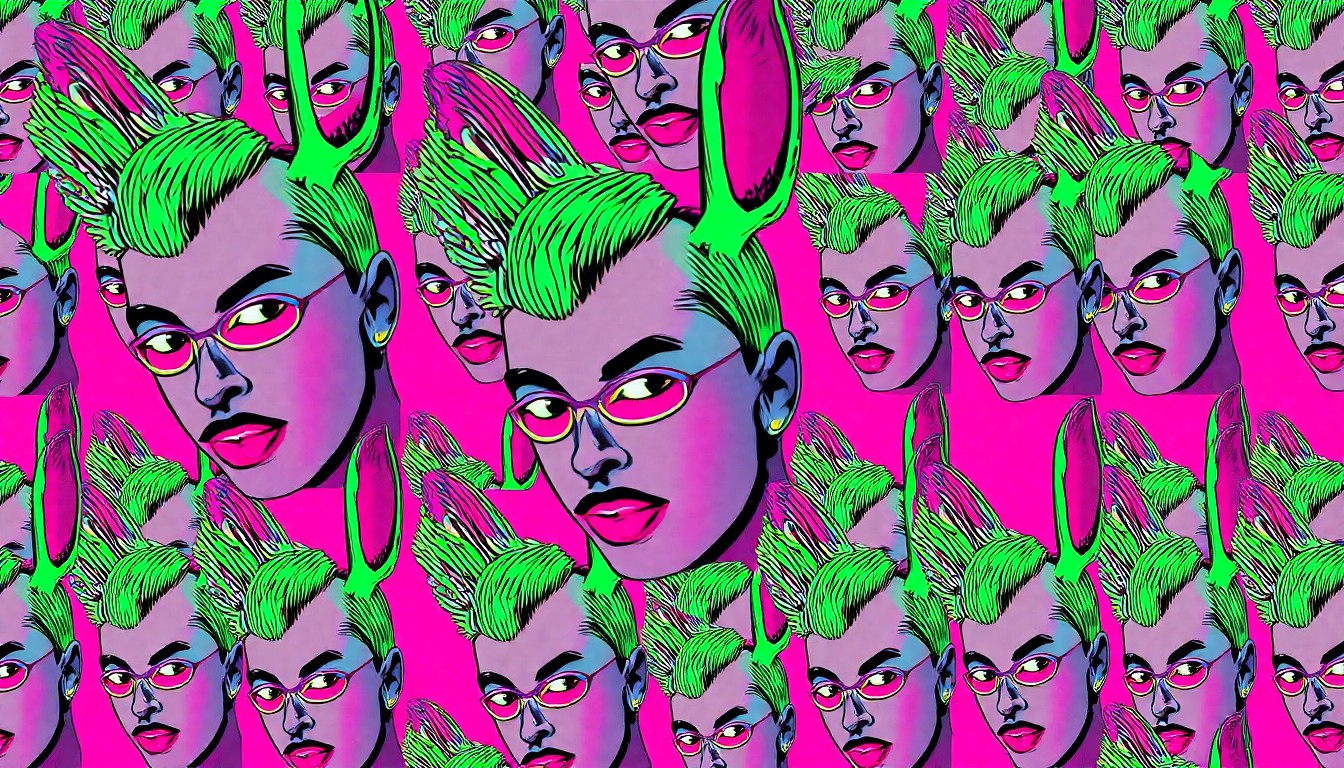 A vibrant, high-contrast silkscreen print featuring repeating images of Bad Bunny's neon green hair and face, rendered in a bold, pop art style that captures the singer's iconic visual identity.
