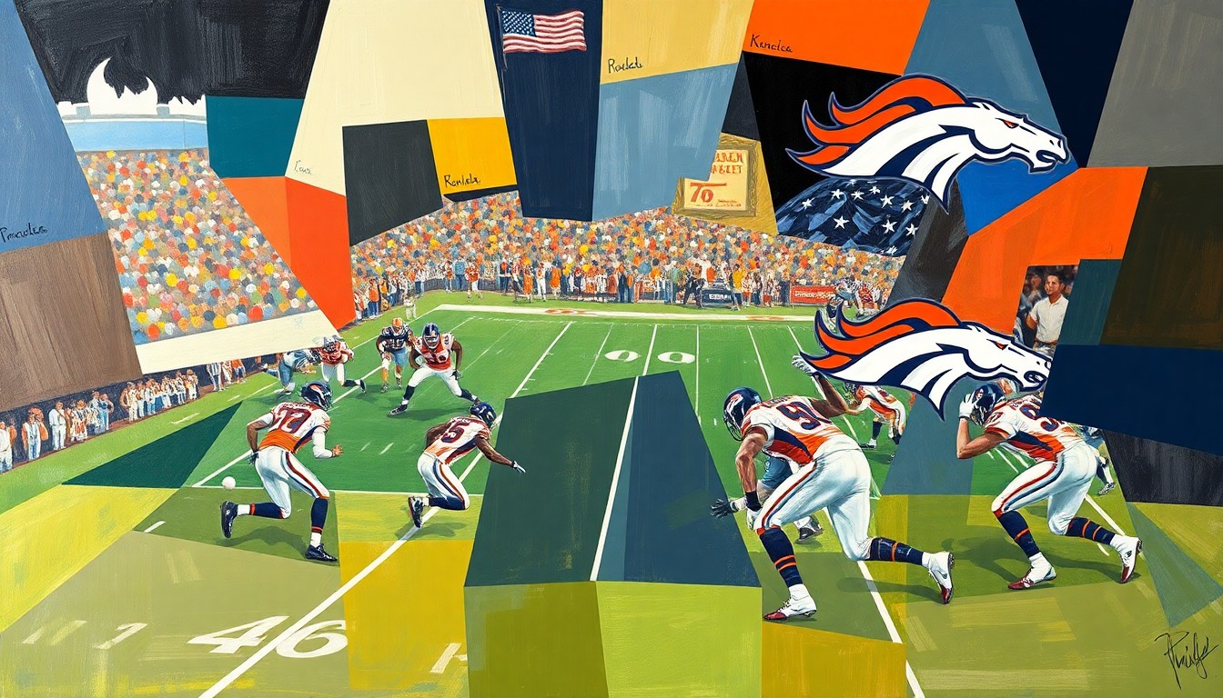 A fragmented, geometric painting depicting a football game or match, with sharp planes of color and shape representing the action on the field without any recognizable figures or logos.
