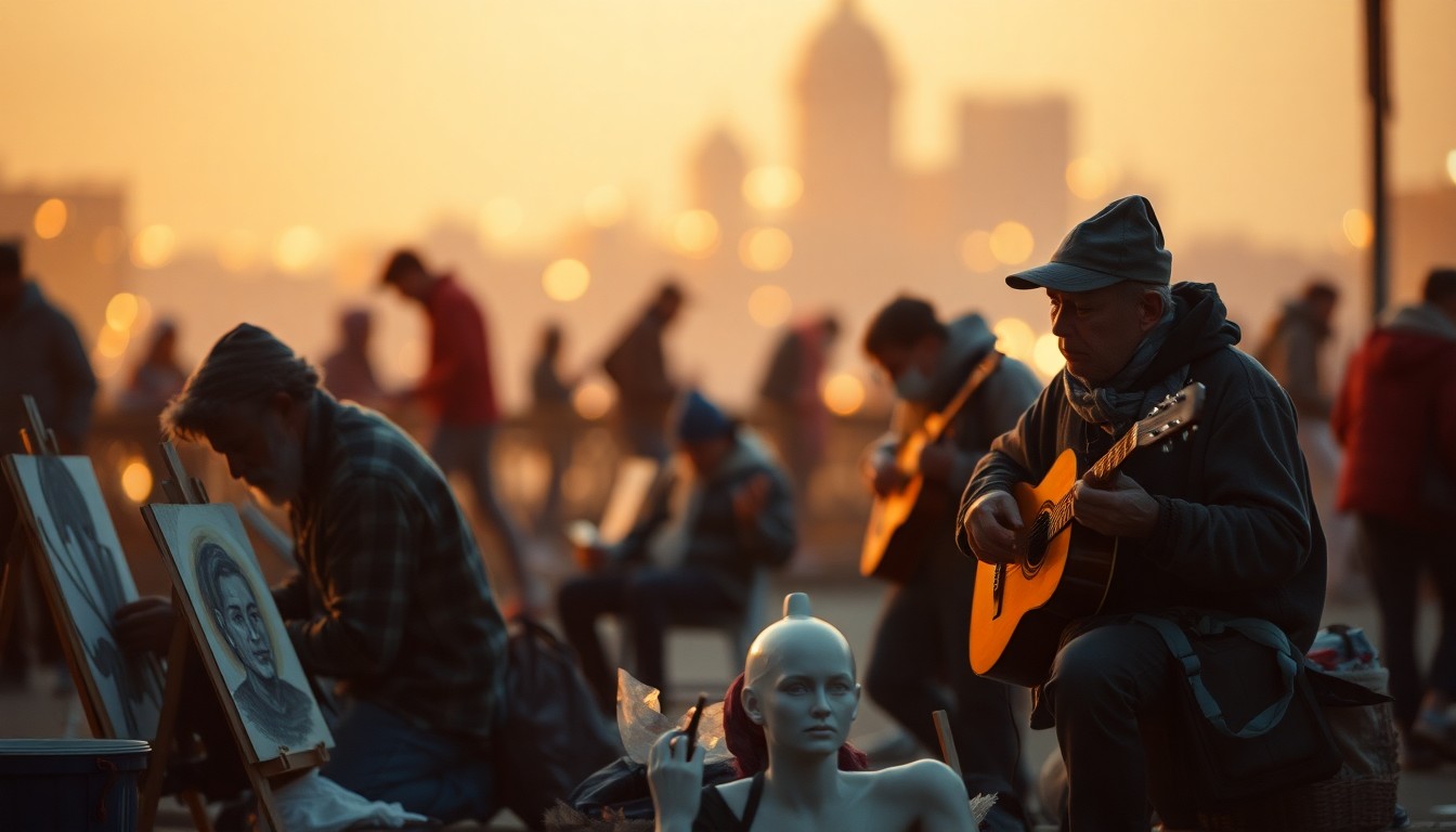 An abstract, out-of-focus photograph depicting homeless individuals engaged in various artistic activities like painting, sculpting, and playing music, with a warm, hazy background of blurred city lights and silhouettes, conceptually illustrating the transformative impact of creative expression.