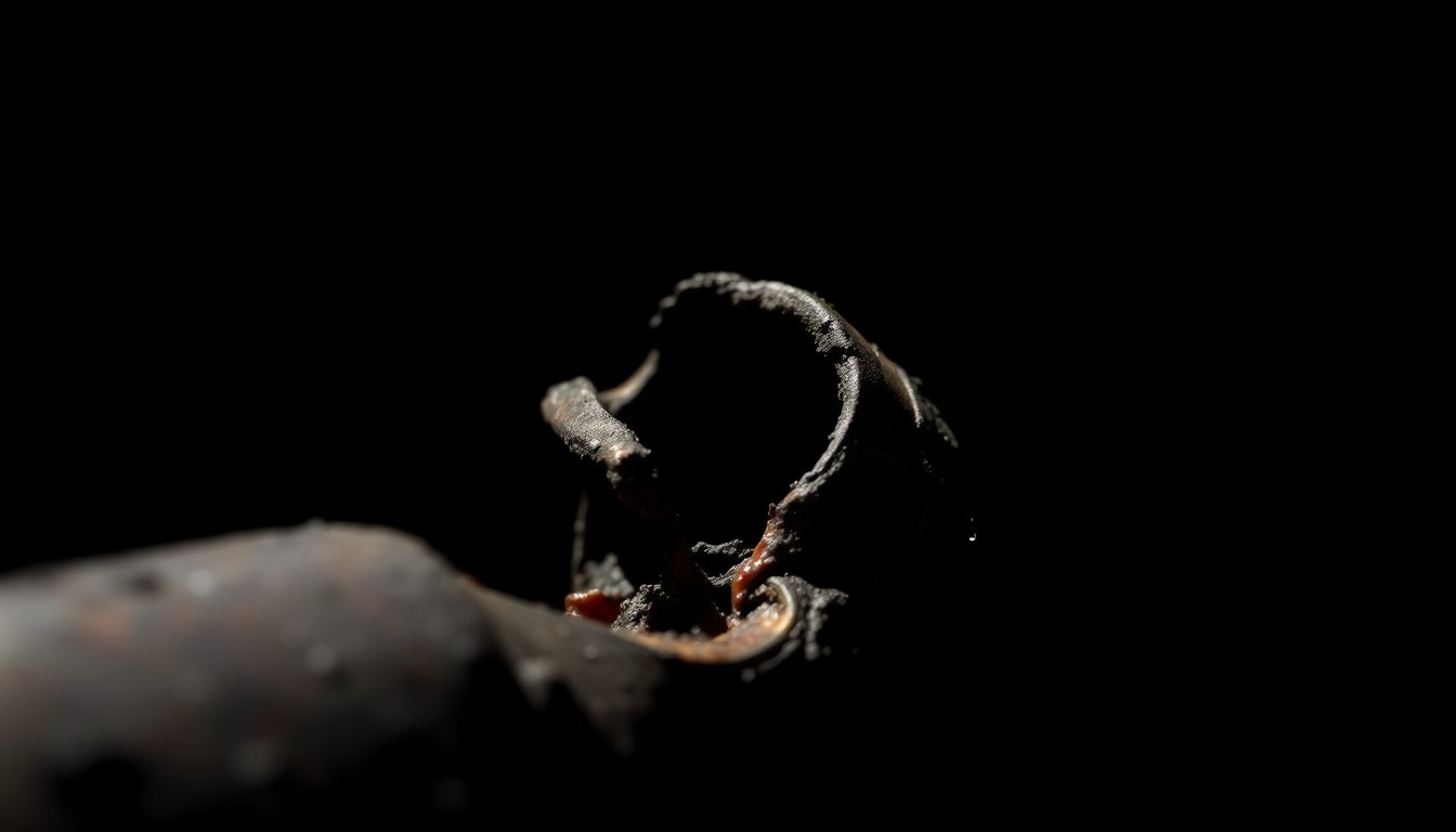 An extreme close-up of a charred, twisted metal object from the crime scene, capturing the stark, gritty aftermath of the warehouse fire through dramatic lighting and a stark, investigative aesthetic.