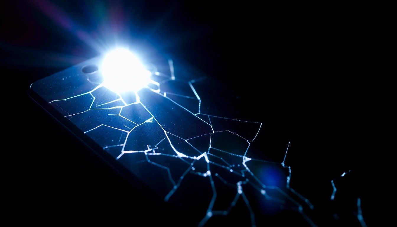 An extreme close-up of a cracked smartphone screen reflecting a harsh, direct camera flash, conceptually representing the sudden and deceptive nature of text message scams.
