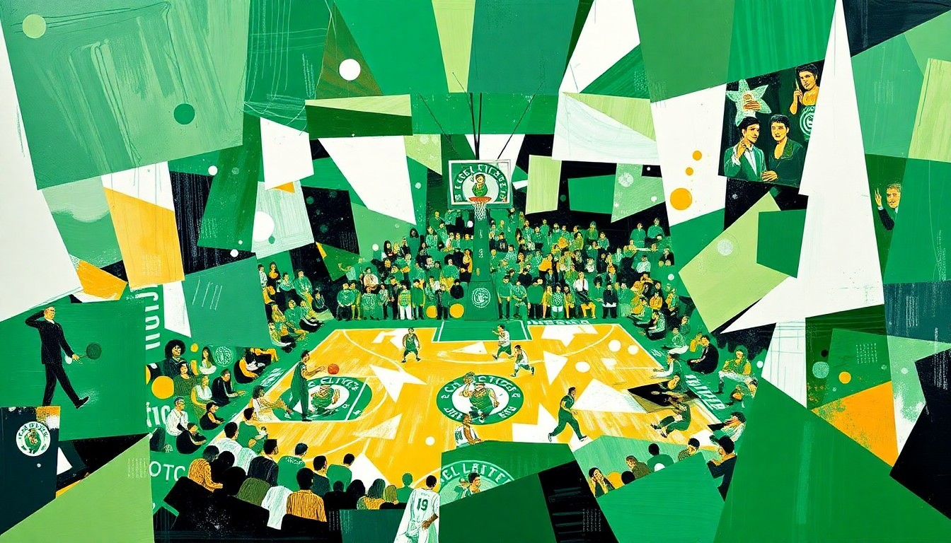 A cubist, geometric painting depicting a Celtics basketball game, with sharp, overlapping planes of green, white, and gold representing the team's dynamic play.