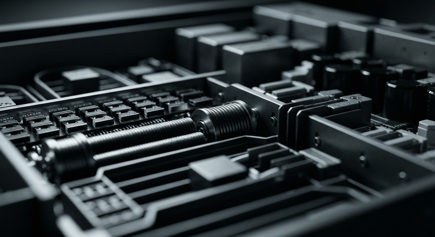 A close-up view of the gears, circuits, and mechanical components that power a stock trading platform, rendered in a high-contrast, industrial style that evokes the complex infrastructure underlying Robinhood's business.