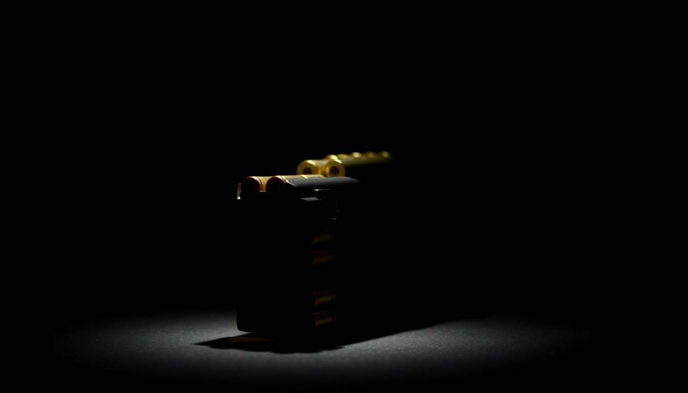 An extreme close-up photograph of a single handgun magazine loaded with ammunition, lit by a harsh, direct camera flash against a pitch-black background, creating a stark, gritty, investigative aesthetic.