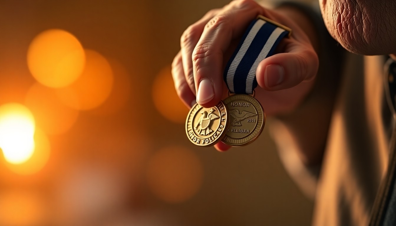 An extremely abstracted, out-of-focus photograph of an elderly veteran's hand holding a military medal, with warm pools of soft, colorful light in the background, conceptually representing the emotional impact of the Honor Flight program.