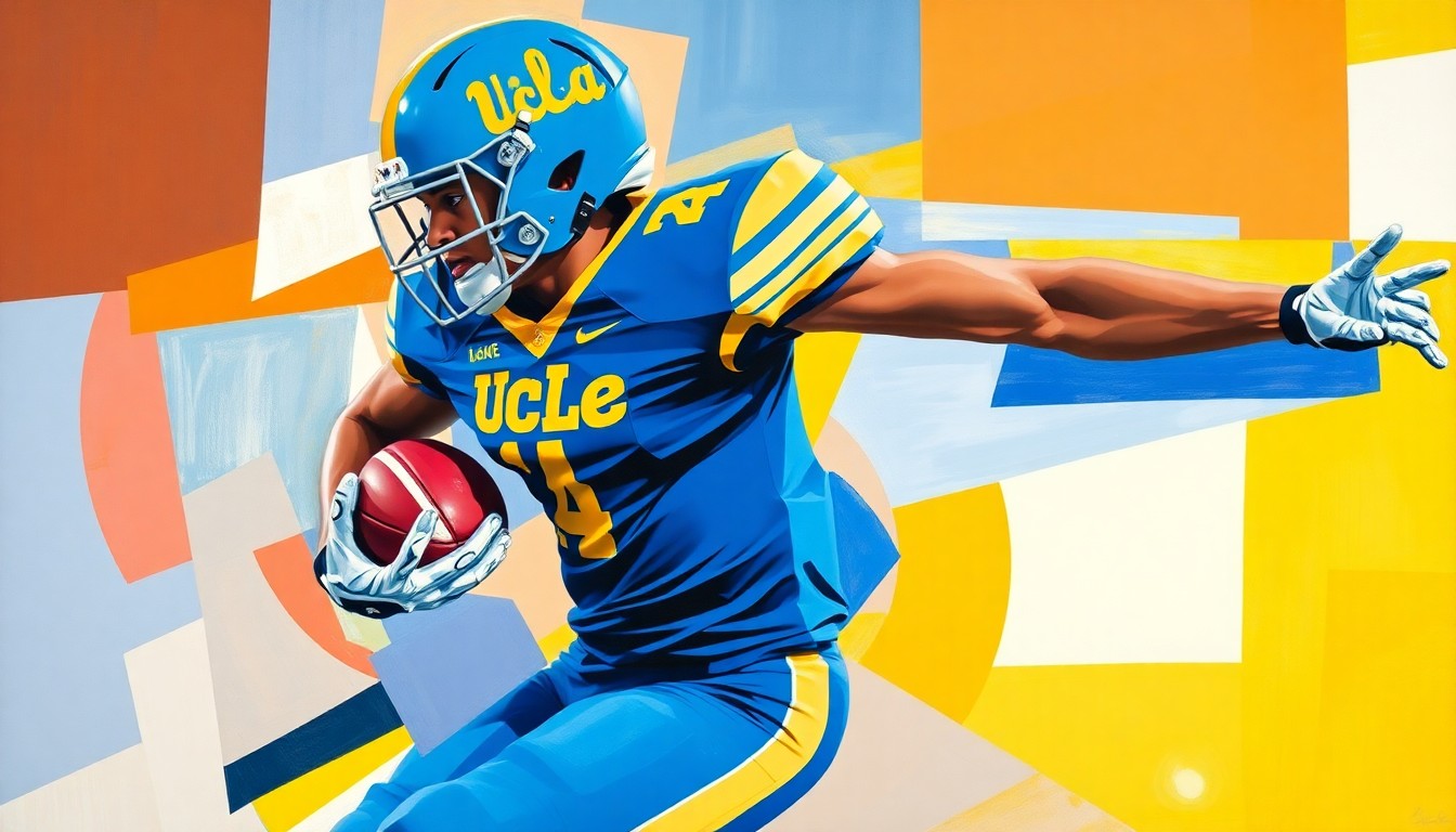 A fragmented, geometric painting depicting a football player in motion, with sharp planes of UCLA's blue and gold colors overlapping to create a dynamic, abstract composition.