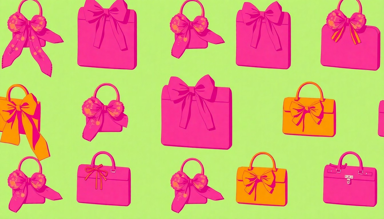 A high-contrast silkscreen print of a brightly colored, iconic Mother's Day gift item such as a floral scarf or handbag, repeated in a grid pattern to create a modern pop art representation of thoughtful, locally sourced gifts for mothers.