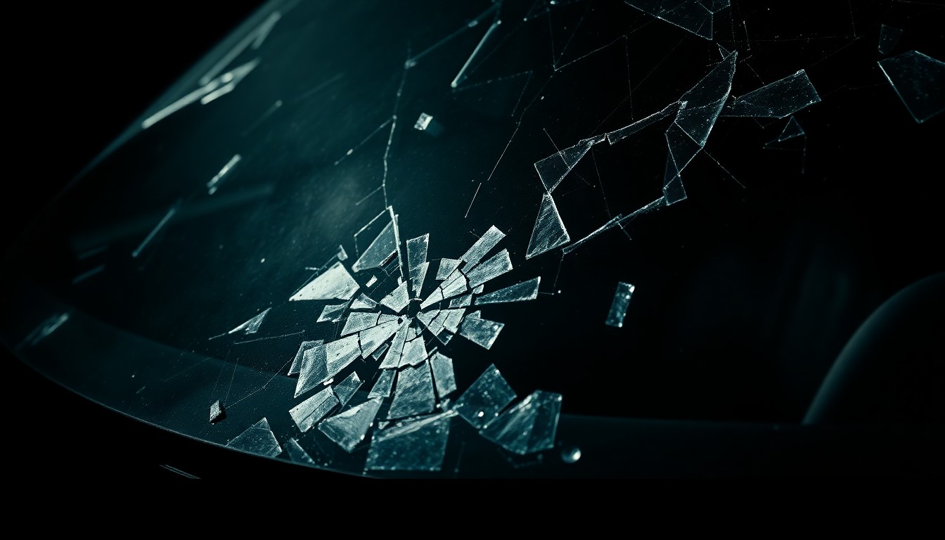 An extreme close-up photograph of a shattered car windshield or damaged vehicle part, captured with harsh, direct lighting to create a stark, gritty, investigative aesthetic that conceptually represents the violence and aftermath of this incident.